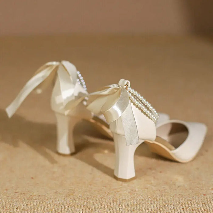 Fashion Pearl Ribbon Bow Heels fashionnsio