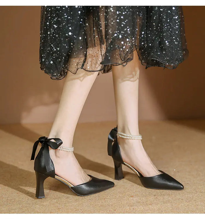Fashion Pearl Ribbon Bow Heels fashionnsio