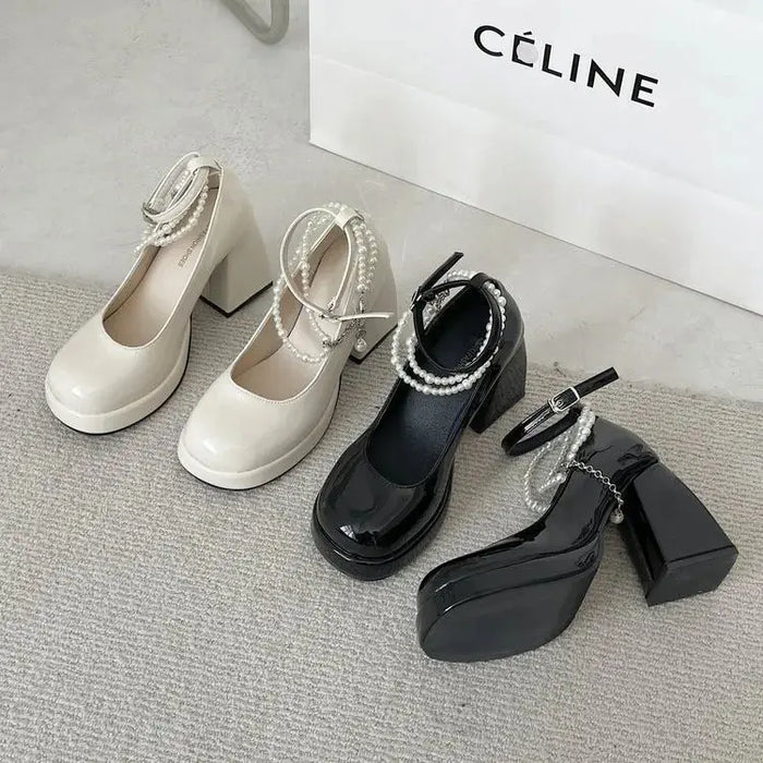 Pearl Chain Thick Platform Heels fashionnsio