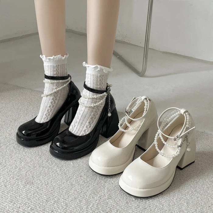 Pearl Chain Thick Platform Heels fashionnsio