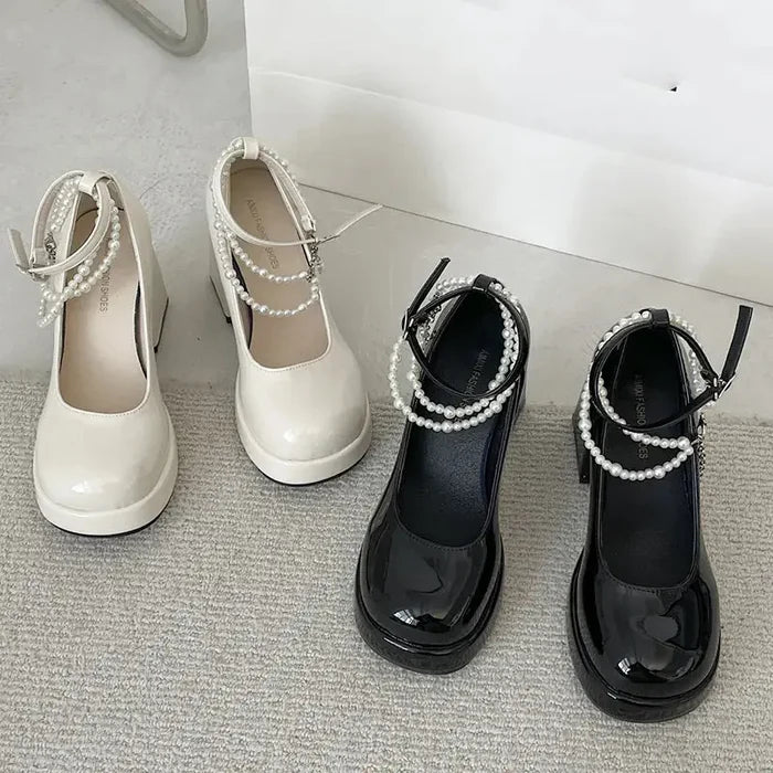 Pearl Chain Thick Platform Heels fashionnsio