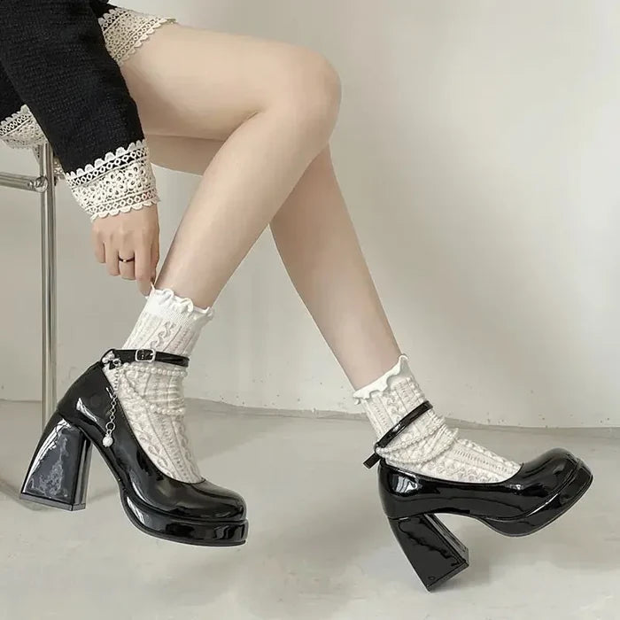 Pearl Chain Thick Platform Heels fashionnsio