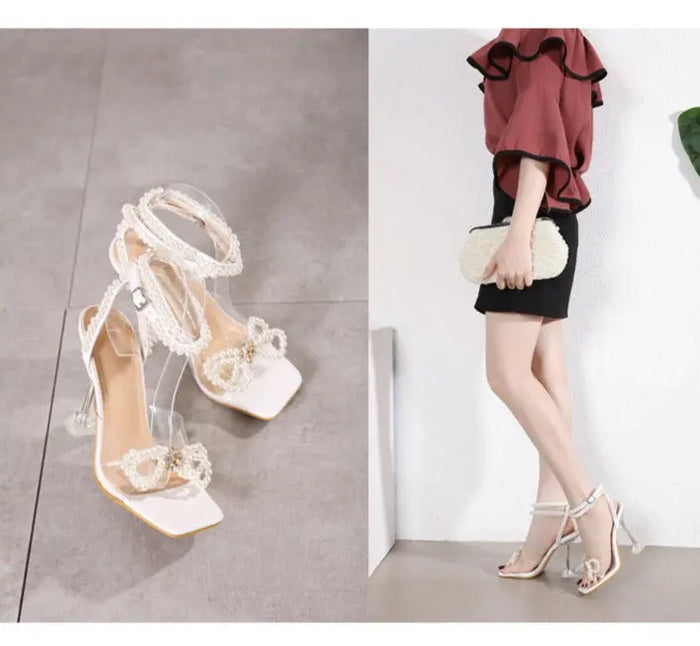 Princess Pearl Bow Lace up Heel fashionnsio