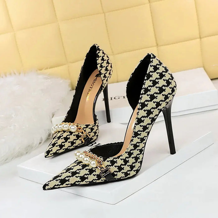 Pearl Checkered Tweed Heels fashionnsio