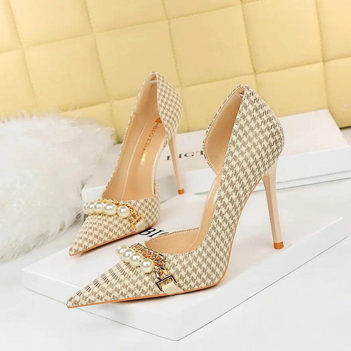 Pearl Checkered Tweed Heels fashionnsio