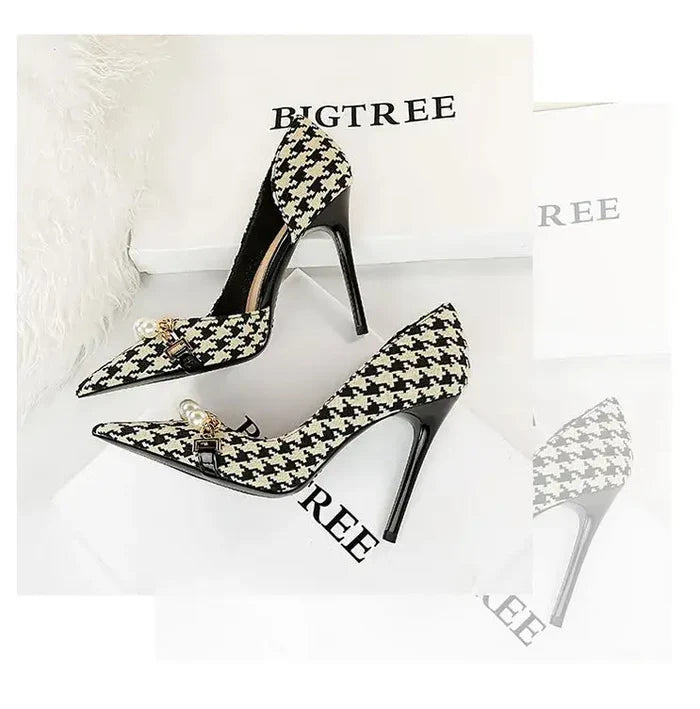 Pearl Checkered Tweed Heels fashionnsio