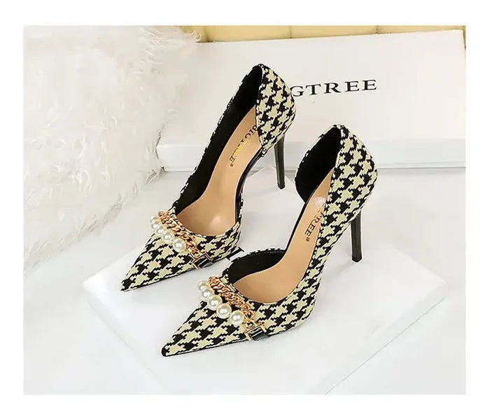 Pearl Checkered Tweed Heels fashionnsio