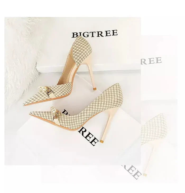 Pearl Checkered Tweed Heels fashionnsio