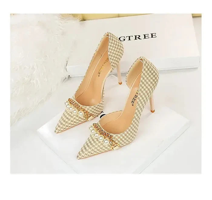 Pearl Checkered Tweed Heels fashionnsio