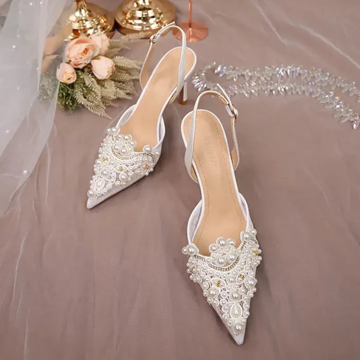 Pearl Crystal Lace White Wedding heel fashionnsio