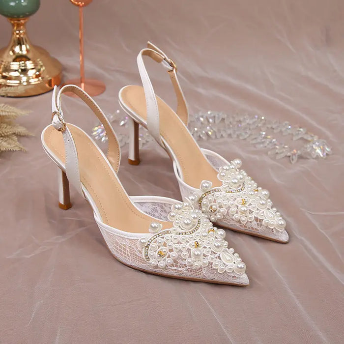Pearl Crystal Lace White Wedding heel fashionnsio