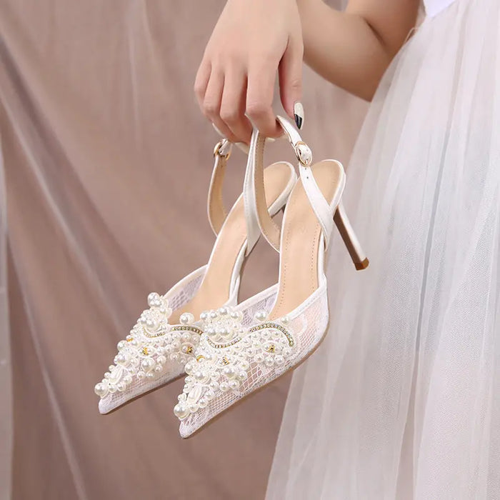 Pearl Crystal Lace White Wedding heel fashionnsio
