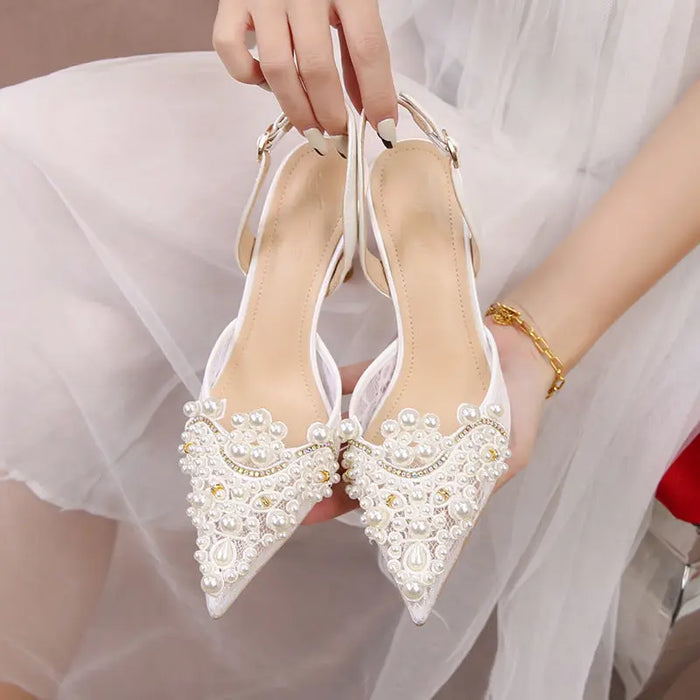 Pearl Crystal Lace White Wedding heel fashionnsio