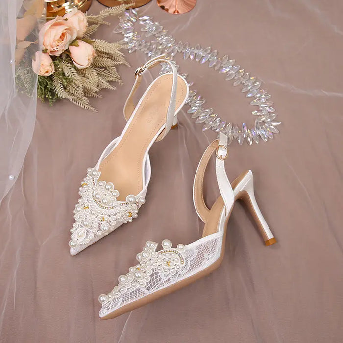 Pearl Crystal Lace White Wedding heel fashionnsio