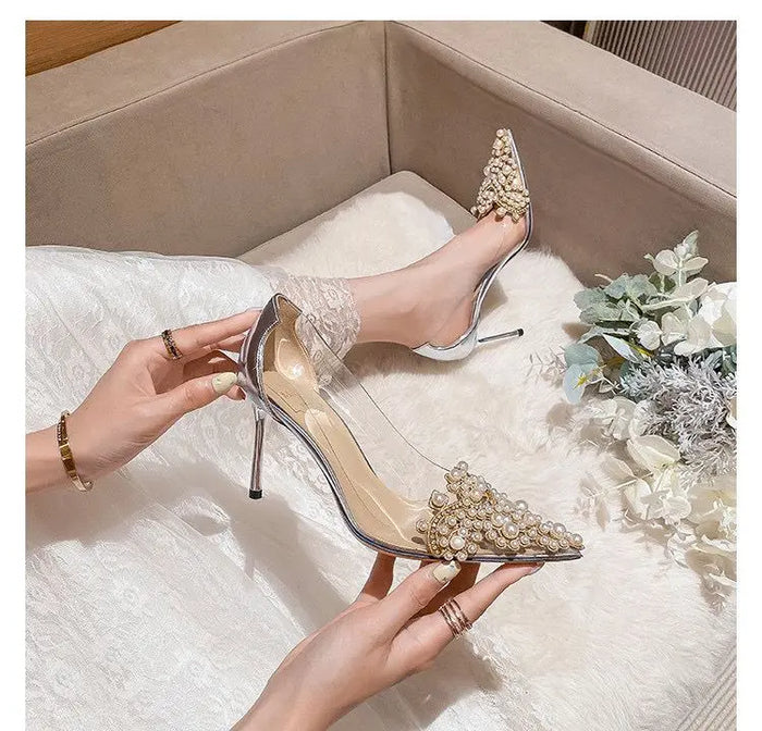 Pearl Transparent Gemstone Heels fashionnsio