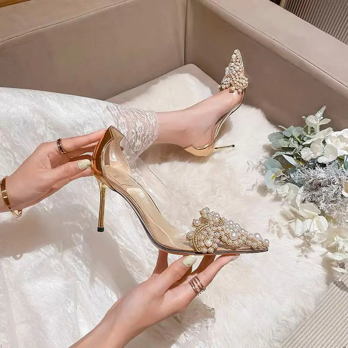 Pearl Transparent Gemstone Heels fashionnsio