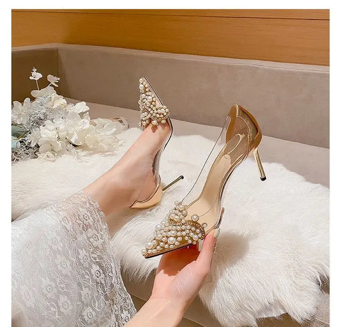 Pearl Transparent Gemstone Heels fashionnsio