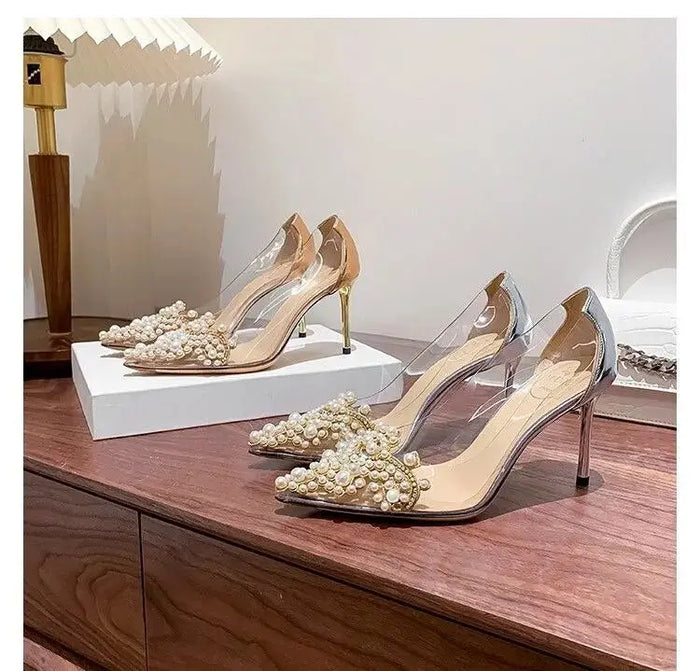 Pearl Transparent Gemstone Heels fashionnsio