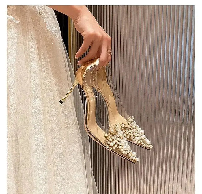 Pearl Transparent Gemstone Heels fashionnsio