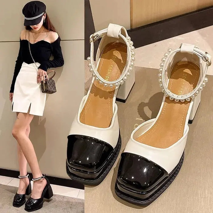 Mary Jane Pearl Chunky Heels fashionnsio