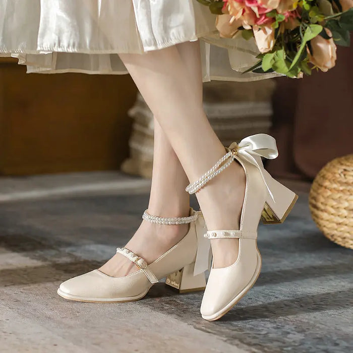 Pearl Ribbon Bow Chunky Heel fashionnsio