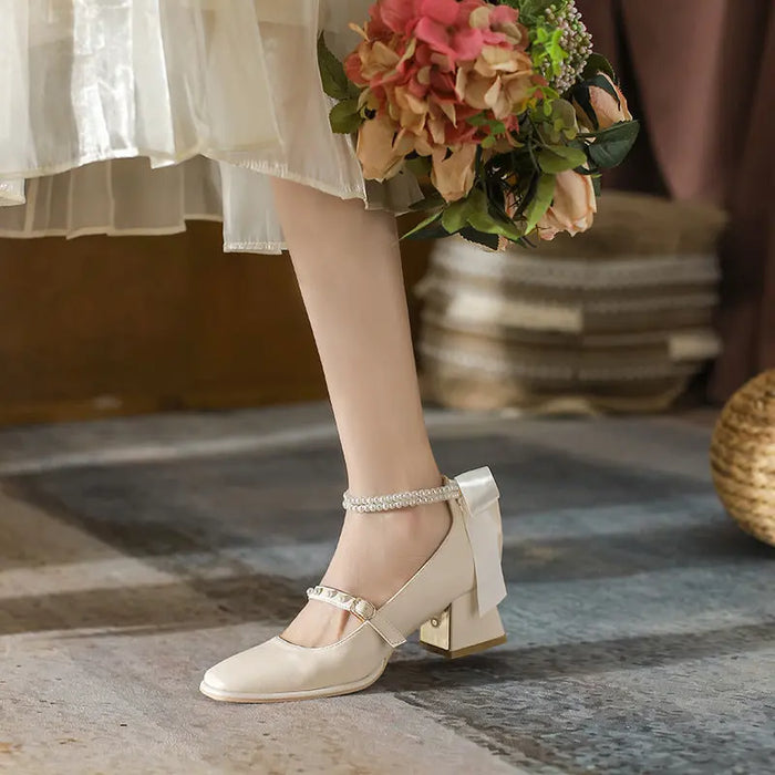 Pearl Ribbon Bow Chunky Heel fashionnsio