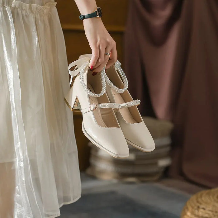 Pearl Ribbon Bow Chunky Heel fashionnsio