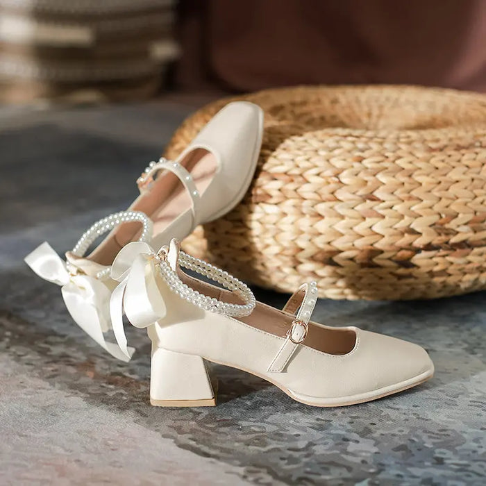 Pearl Ribbon Bow Chunky Heel fashionnsio