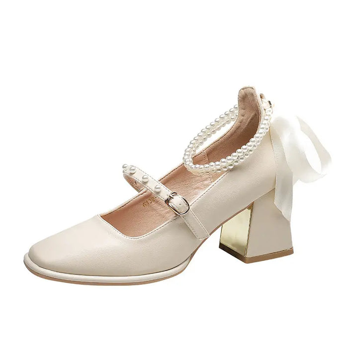 Pearl Ribbon Bow Chunky Heel fashionnsio