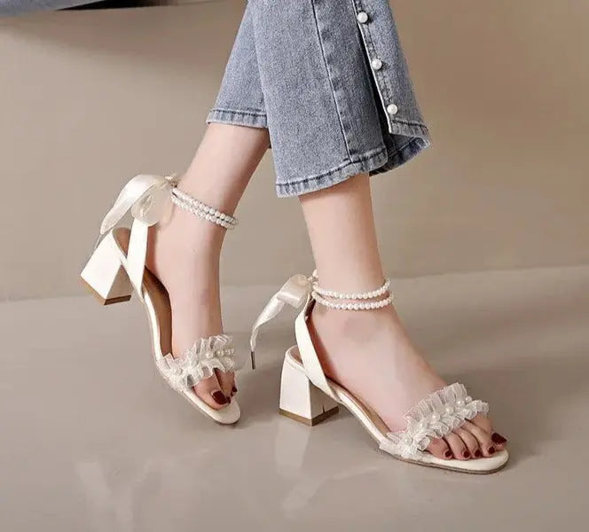 Pearl Ribbon Bow Heel fashionnsio