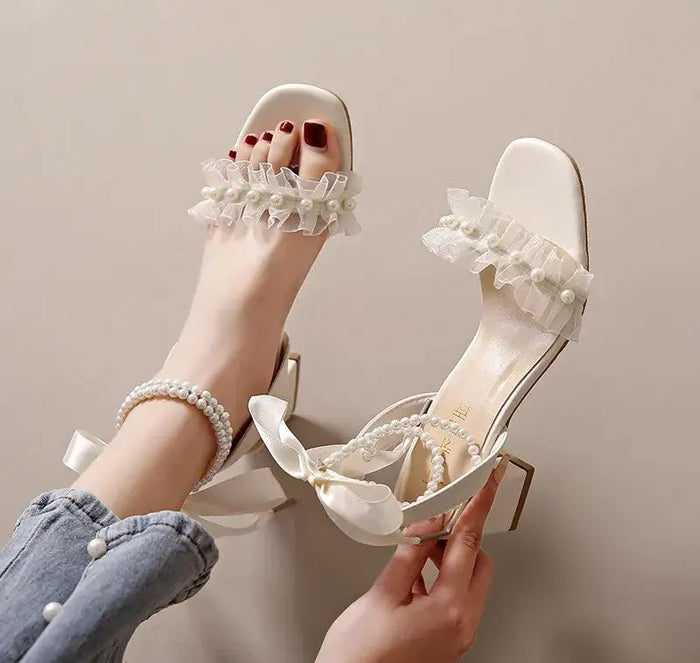 Pearl Ribbon Bow Heel fashionnsio