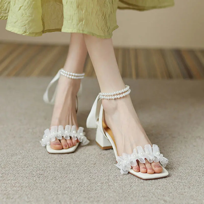 Pearl Ribbon Bow Heel fashionnsio