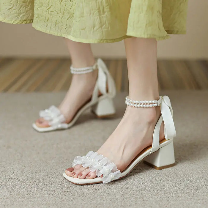 Pearl Ribbon Bow Heel fashionnsio
