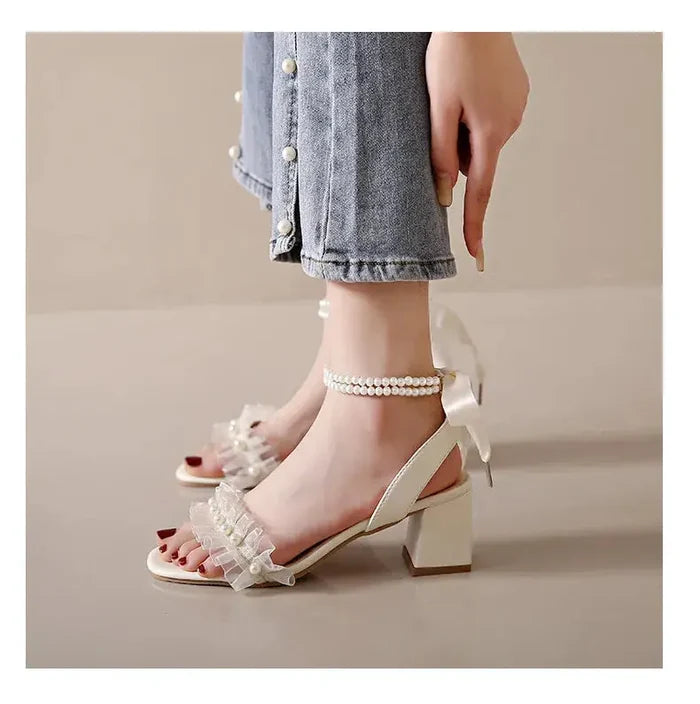Pearl Ribbon Bow Heel fashionnsio