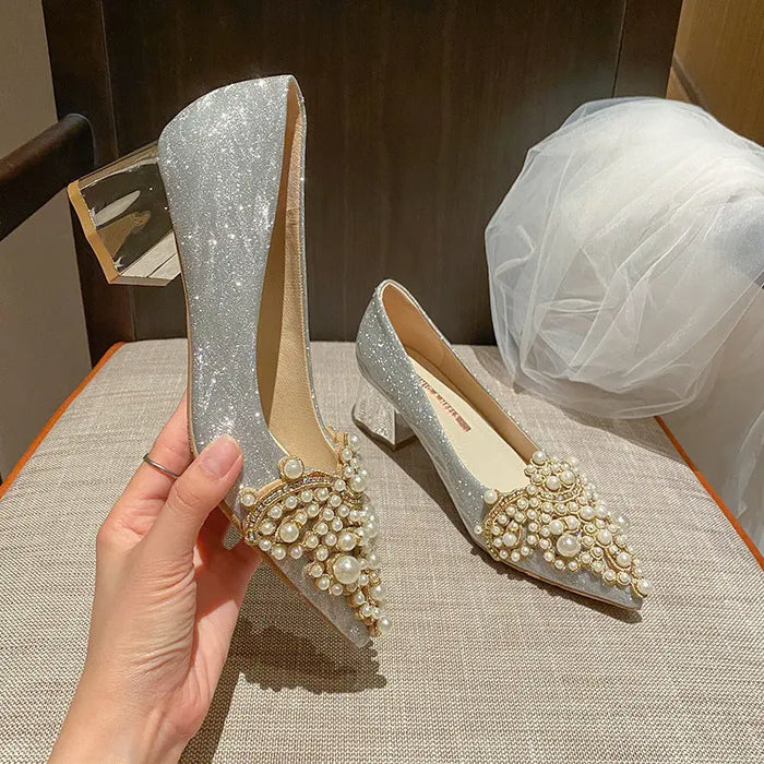 Pearl Beading Sexy Block Heels fashionnsio