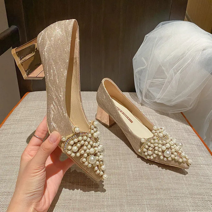 Pearl Beading Sexy Block Heels fashionnsio