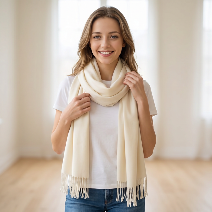 Petra Plain - Scarf with Tassels - Cream (70x180cm)