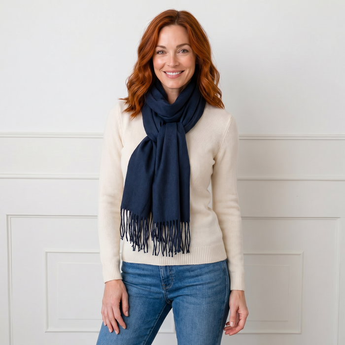Petra Plain - Scarf with Tassels - Dark Blue (70x180cm)