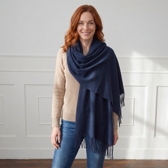 Petra Plain - Scarf with Tassels - Dark Blue (70x180cm)