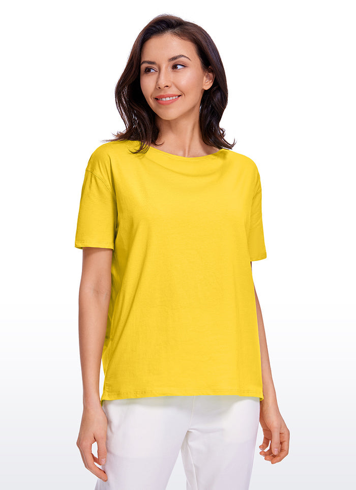 CRZ YOGA Women's Yoga Loose Fit Pima Cotton Short Sleeves Boat Neck High Visibility Yellow