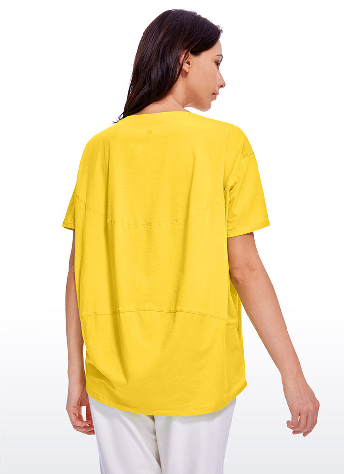CRZ YOGA Women's Yoga Loose Fit Pima Cotton Short Sleeves Boat Neck High Visibility Yellow