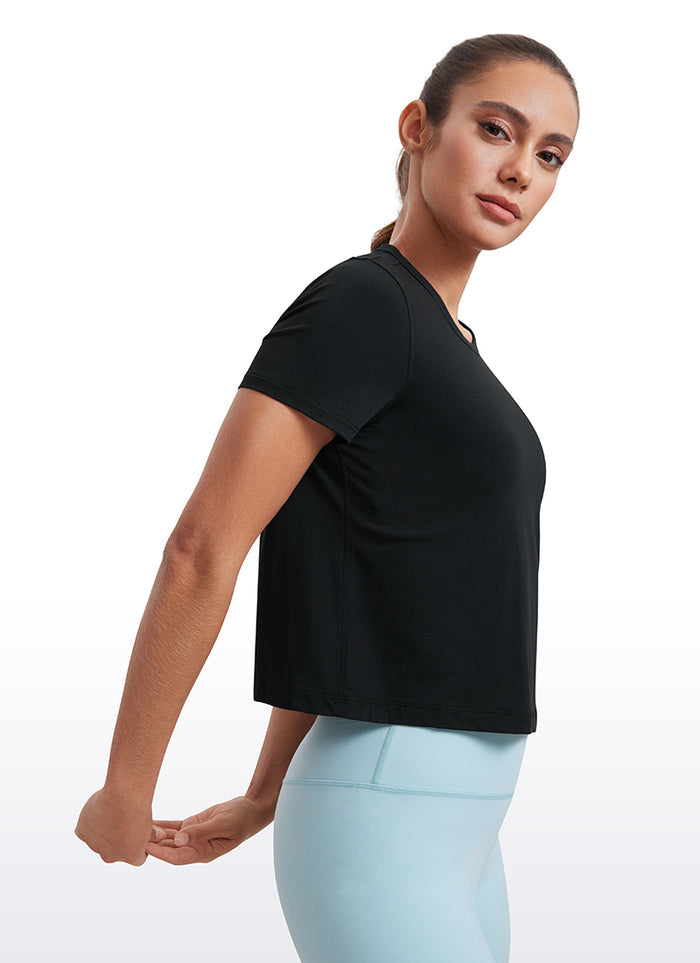 CRZ YOGA Women's Yoga Classic Fit Pima Cotton Short Sleeves High Neck Black