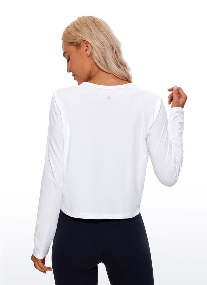CRZ YOGA Women's Yoga Loose Fit Tops Pima Cotton Cropped Long Sleeve White