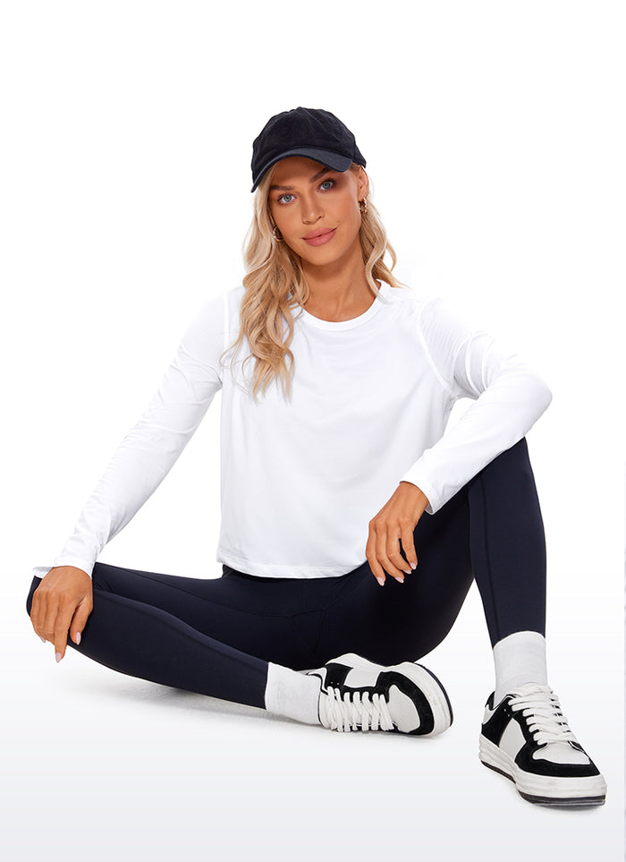 CRZ YOGA Women's Yoga Loose Fit Tops Pima Cotton Cropped Long Sleeve White