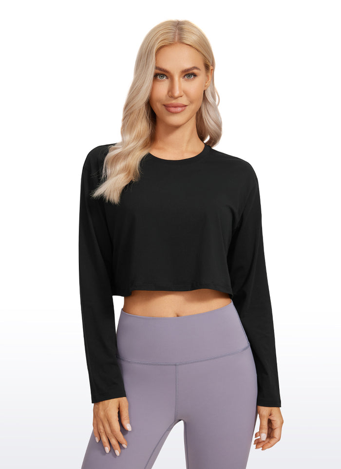 CRZ YOGA Women's Yoga Loose Fit Tops Pima Cotton Cropped Long Sleeve Black