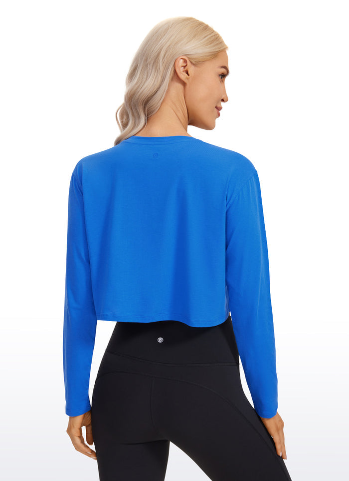 CRZ YOGA Women's Yoga Loose Fit Tops Pima Cotton Cropped Long Sleeve Strong Blue