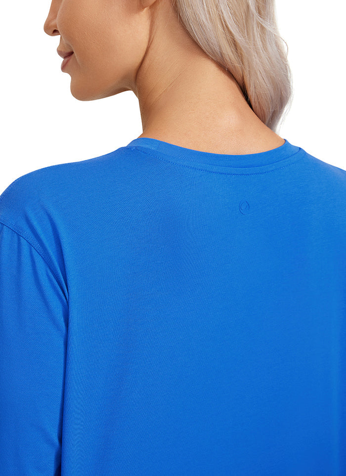 CRZ YOGA Women's Yoga Loose Fit Tops Pima Cotton Cropped Long Sleeve Strong Blue