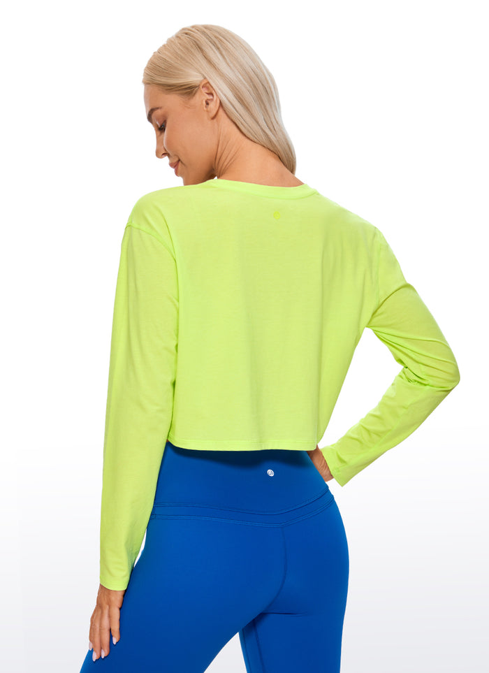 CRZ YOGA Women's Yoga Loose Fit Tops Pima Cotton Cropped Long Sleeve Bright Verdancy
