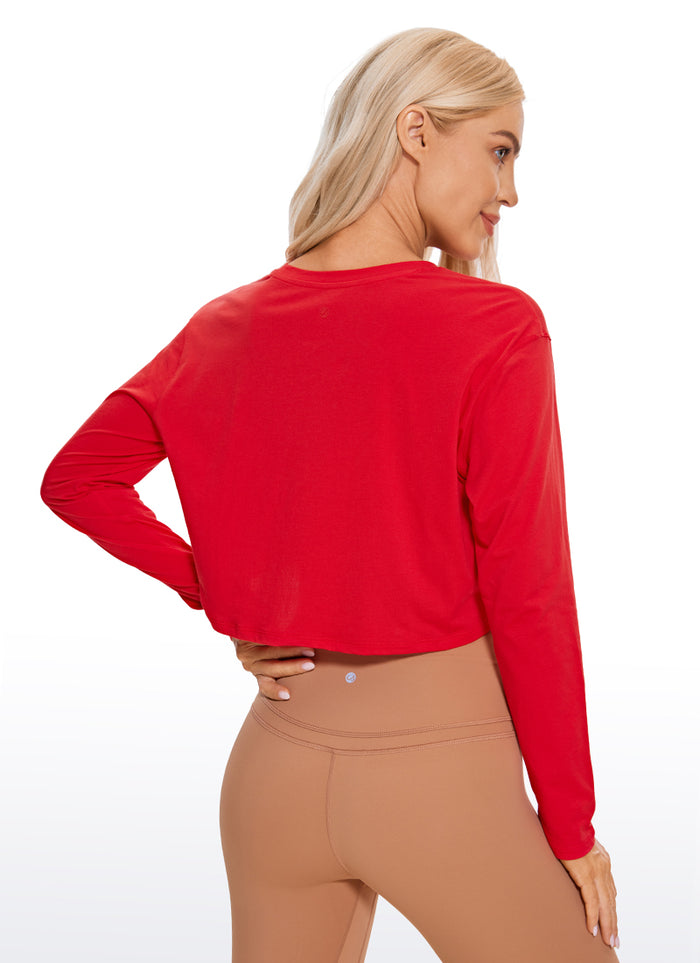 CRZ YOGA Women's Yoga Loose Fit Tops Pima Cotton Cropped Long Sleeve Festival Red