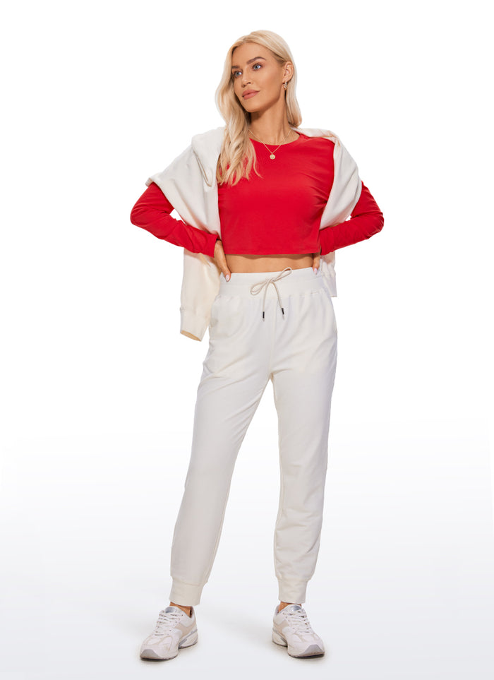 CRZ YOGA Women's Yoga Loose Fit Tops Pima Cotton Cropped Long Sleeve Festival Red